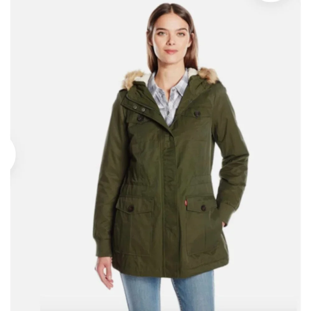 Grunge Levi Strauss & Co Hooded Sherpa Lined Army Green Jacket, Women's Medium - Picture 2 of 16